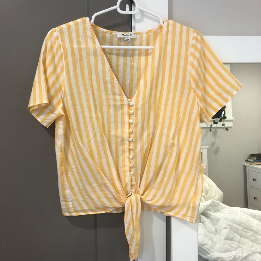 Yellow and white tie front Madewell top size small
